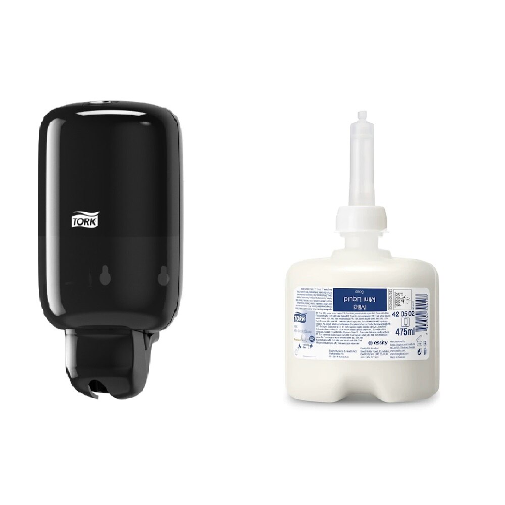 Pachet dozator sapun lichid Tork mini S2 + 1 rezerva sapun Tork 475ml