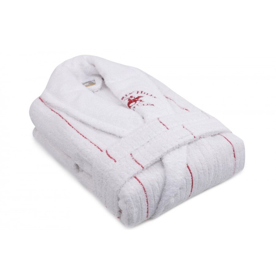 Halat de baie unisex bumbac, marime M/L, Beverly Hills Polo Club, alb, dungi rosii