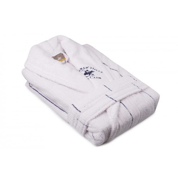 Halat de baie unisex bumbac, marime S/M, Beverly Hills Polo Club, alb, dungi albastru inchis Halat de baie unisex bumbac, marime S/M, Beverly Hills Polo Club, alb, dungi albastru inchis
