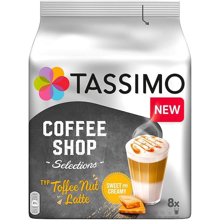 Кафе Tassimo Coffee Shop Toffee Nut Latte, 16 капсули, 8 напитки, 268гр