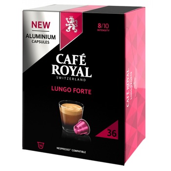 Cafea capsule Café Royal Lungo Forte XL, compatibile Nespresso, 36 capsule, 190 gr. Cafea capsule Café Royal Lungo Forte XL, compatibile Nespresso, 36 capsule, 190 gr.