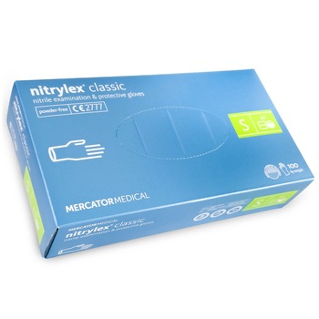 Manusi nitril albastre, nepudrate, 100 buc NITRYLEX S, medicale, pentru examinare, de unica folosinta Manusi nitril albastre, nepudrate, 100 buc NITRYLEX S, medicale, pentru examinare, de unica folosinta