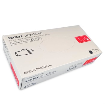 Manusi latex albe, pudrate, 100 buc. SANTEX powdered marimea L, medicale, pentru examinare, de unica folosinta Manusi latex albe, pudrate, 100 buc. SANTEX powdered marimea L, medicale, pentru examinare, de unica folosinta