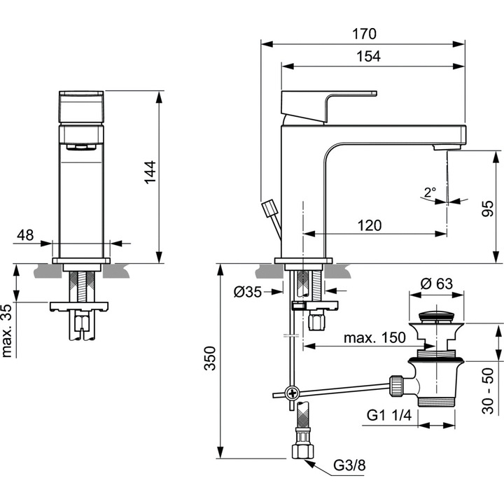 Смесител за умивалник Ideal Standard Edge A7101, 3/8'', размер M, едноръкохватков, керамична глава, метален изпразнител, хром