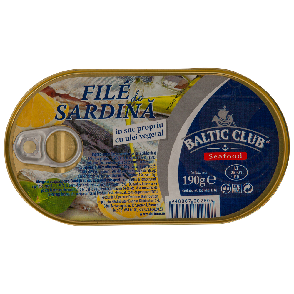 File de sardina in ulei vegetal Baltic Club, 190g