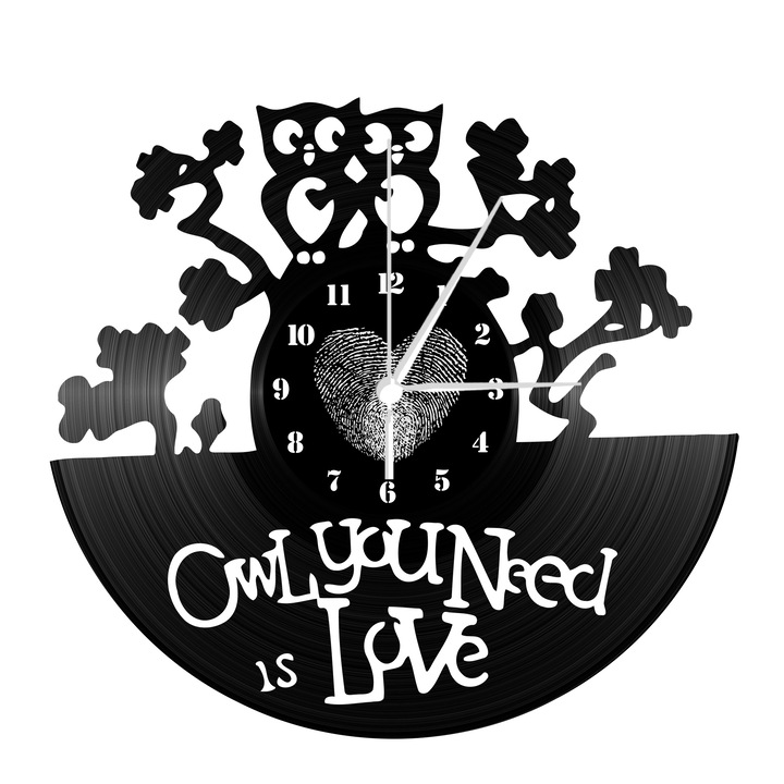 Ceas de perete, Faliorak, Vinil, Model- Owl you need is love, Negru