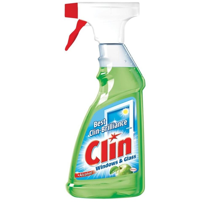 Detergent pentru Geamuri CLIN Apple, Cantitate 500 ml, Parfum de Mere Verzi, Solutie Curatat Geamuri cu Pulverizator