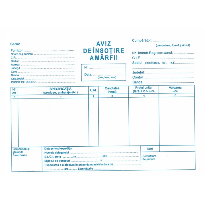 Set de 10 Avize Insotire a Marfii, Format A5, 3 Exemplare, 50 Seturi/Carnet, Formular Aviz Pentru Marfa