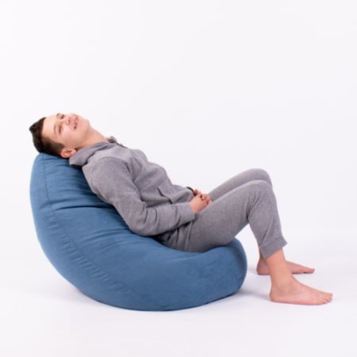 Topcho karosszék típusú fotel gyermekek részére 10 éves korig, Bútor kárpitozás, kék, kivehető tasak töltött polisztirol gyöngyökkel (MKMDD-BLUE)