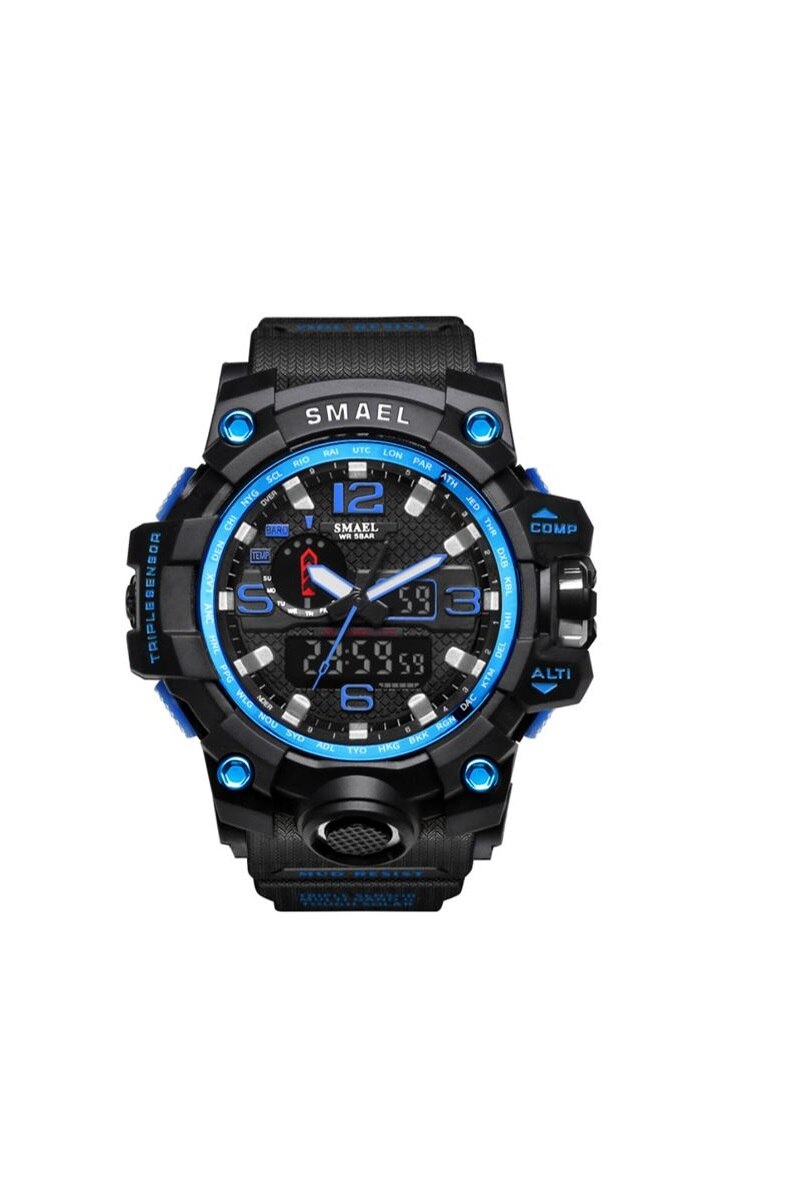 Ceas barbatesc SMAEL, waterproof 50 m, diametru cadran 51 mm, Negru/Albastru