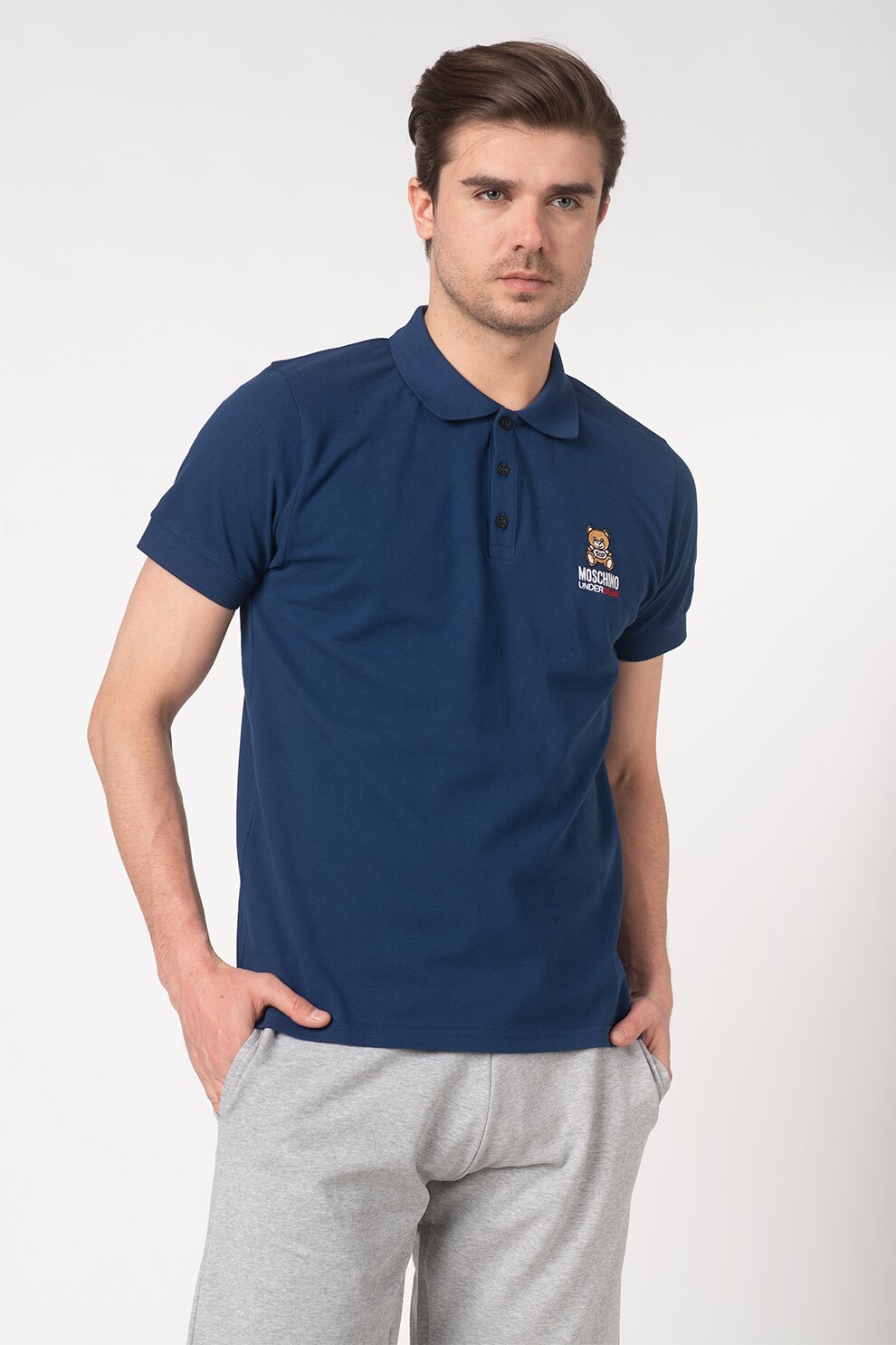 Moschino, Tricou polo de casa cu detaliu cu broderie logo, Albastru inchis