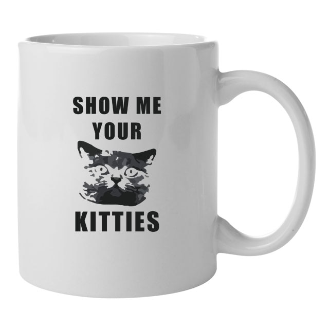 Cana personalizata Show me your kitties, ceramica alba, 330 ml
