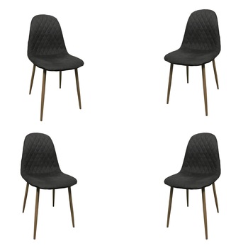 Set 4 scaune dining MINDY, stil scandinav, textil imitatie piele, picioare metalice, gri inchis