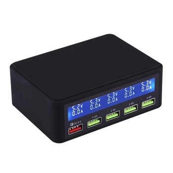 Statie de incarcare cu 5 porturi, 4 USB 2.4A, 1 x USB 3.0 QuickCharge, si afisaj display individual , negru Statie de incarcare cu 5 porturi, 4 USB 2.4A, 1 x USB 3.0 QuickCharge, si afisaj display individual , negru