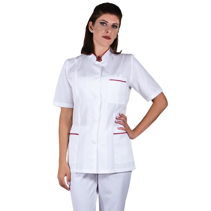 Tunica medicala dama OANA Premium, maneca scurta, inchidere nasturi, 3 buzunare, alb cu rosu, marimea XS