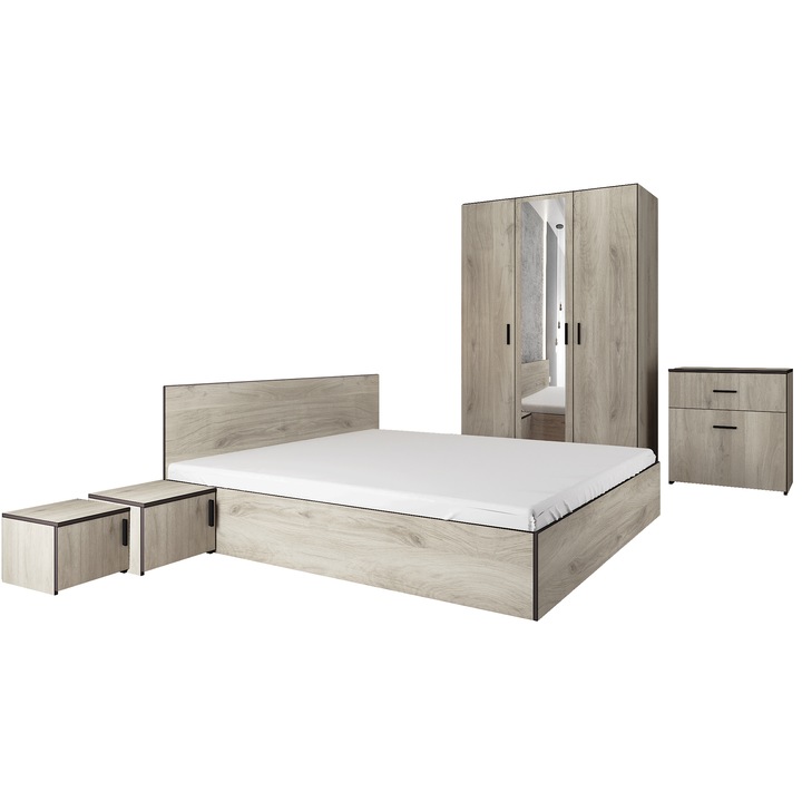 Комплект мебели за спалня Irim Treff, Легло 160x200 см, Гардероб, 2 нощни шкафчета, Скрин, Цвят Кестен