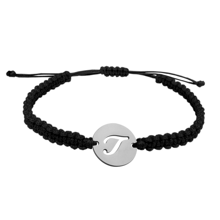 Kézzel fonott zsinór karkötő ezüst csiszolású érmével LETTER T állítható 9488140 Dras