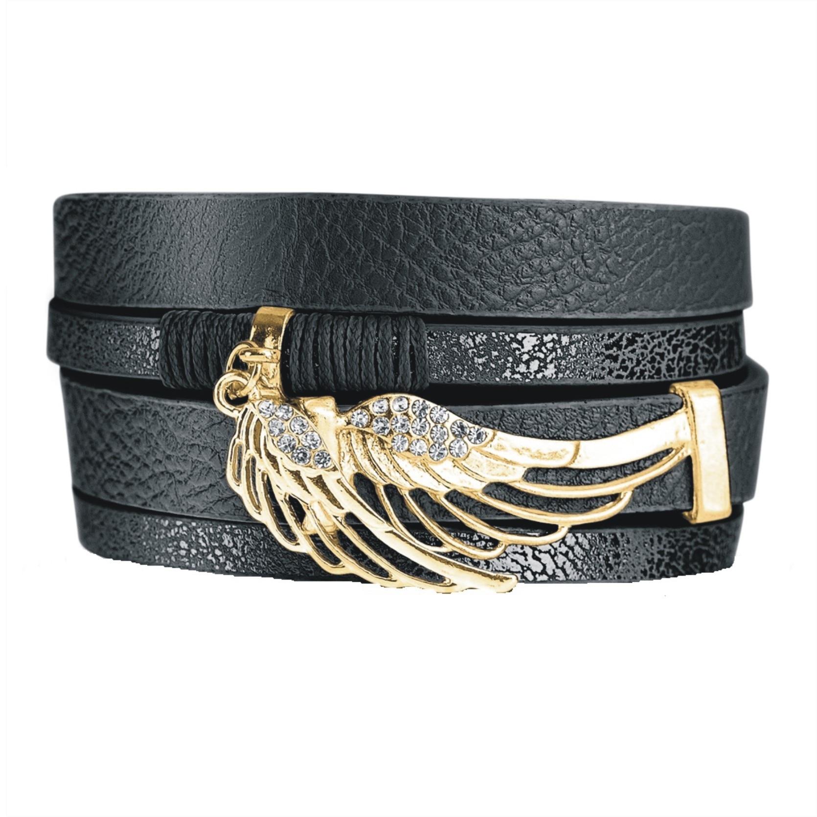 Bratara Pierre Ricaud PR123.1BL, dama, piele neagra, otel auriu