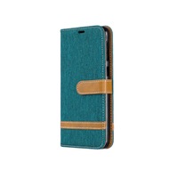 Husa tip carte, Samsung M30, verde, piele, design Denim, cu sloturi card si bani, functie stand