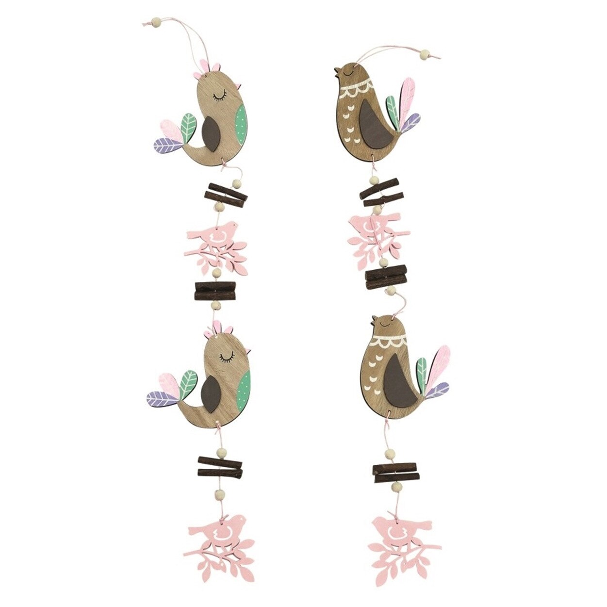 Set 2 siraguri atarnabile cu pasari din lemn, 63 cm