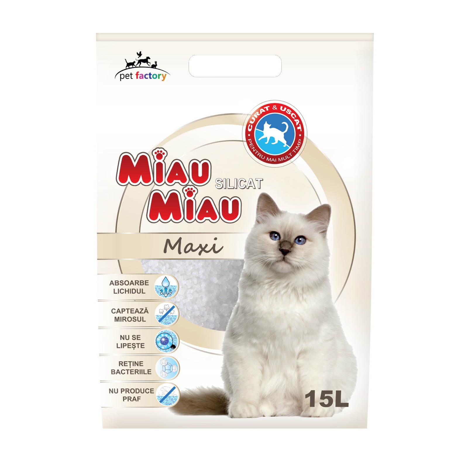 Asternut igienic pentru pisici Miau-Miau, Silicat, 15L