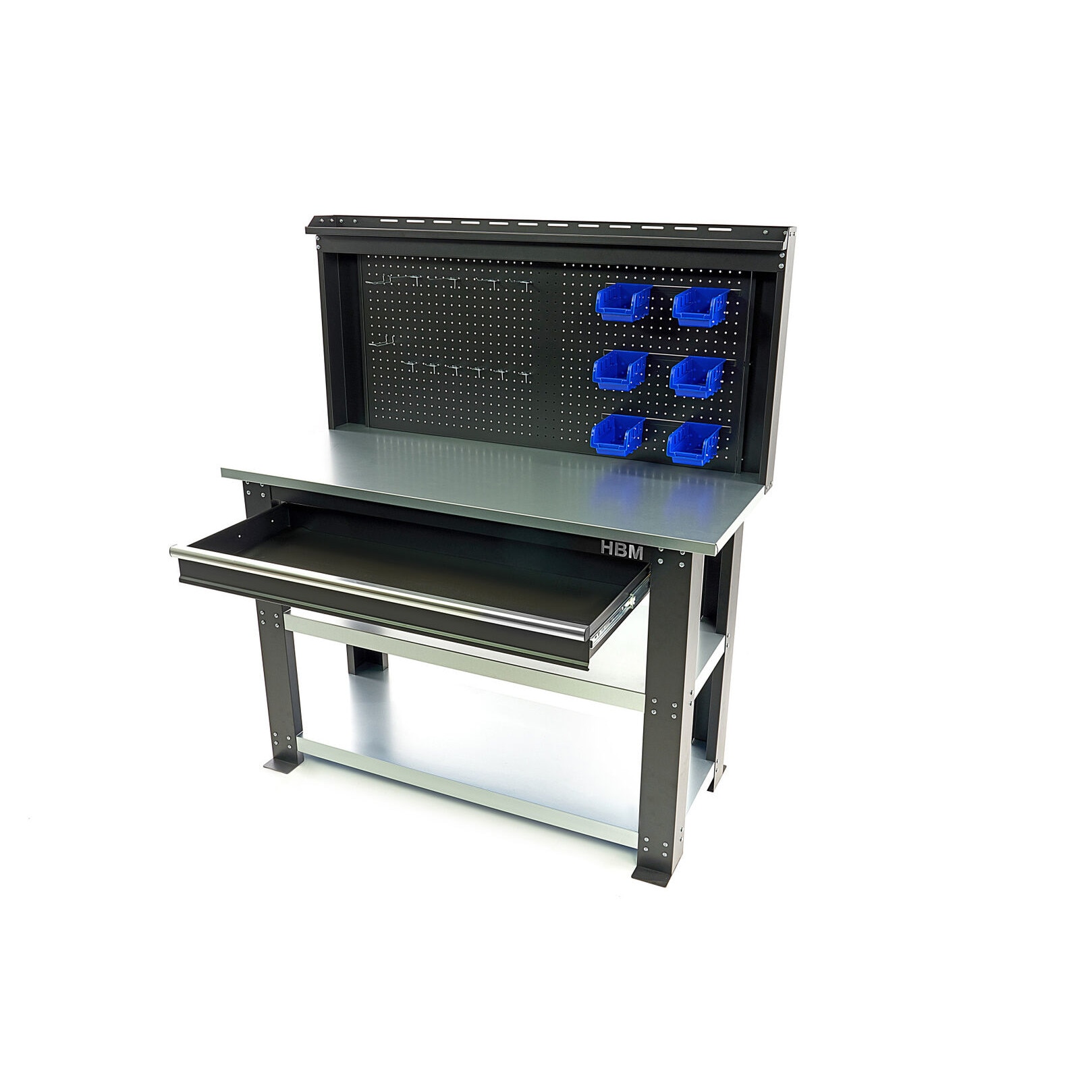 Banc de lucru, HBM, cu sertar si panou, 137 x 58 x 155 cm