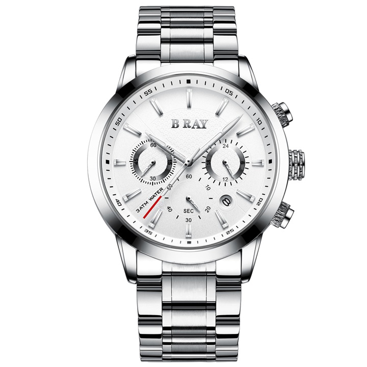 Мъжки часовник B Ray Chrono, Хронограф, Неръждаема стомана, Сребрист / Бял