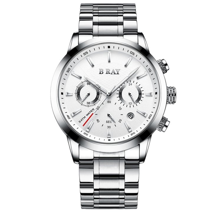 Мъжки часовник B Ray Chrono, Хронограф, Неръждаема стомана, Сребрист / Бял