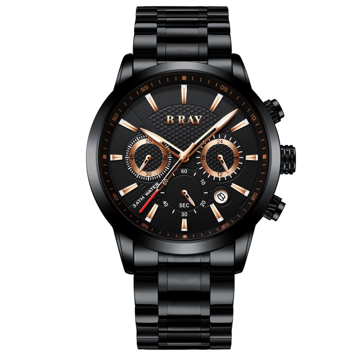 Ceas pentru barbati B Ray Chrono, Cronograf, Otel inoxidabil, Negru / Auriu