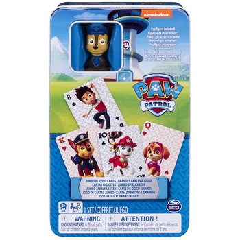 Joc de carti jumbo Paw Patrol, cu figurina inclusa, cutie metalica Joc de carti jumbo Paw Patrol, cu figurina inclusa, cutie metalica
