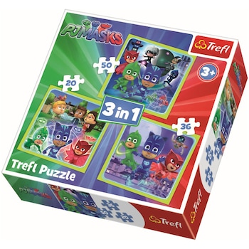 Puzzle Trefl 3 in 1, Eroii in pijama, Pregatiti de actiune, 106 piese Puzzle Trefl 3 in 1, Eroii in pijama, Pregatiti de actiune, 106 piese