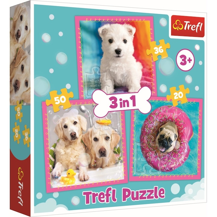 Пъзел Trefl 3in1, Кученца в банята, 106 части