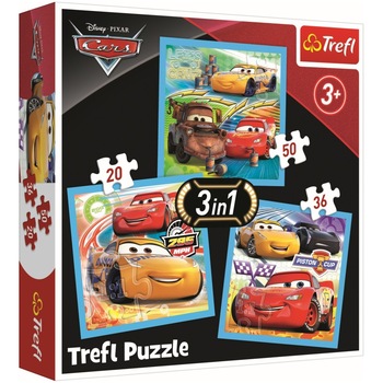 Puzzle Trefl 3 in 1, Disney Cars - Pregatiri pentru cursa, 106 piese Puzzle Trefl 3 in 1, Disney Cars - Pregatiri pentru cursa, 106 piese