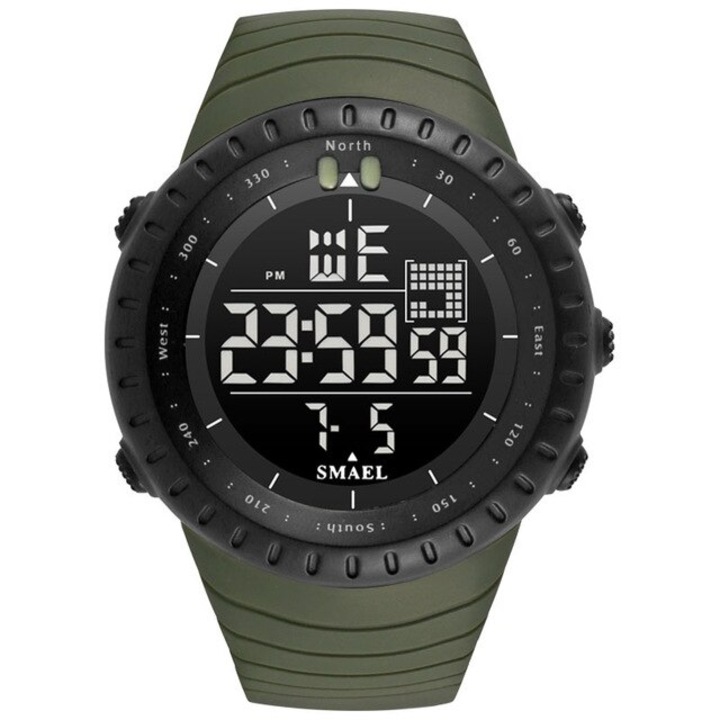 Мъжки часовник Smael, спортен, цифров дисплей, удароустойчив, 5 ATM водоустойчивост, устойчив на плуване, календар, хронометър, аларма, подсветка, армейски зелен