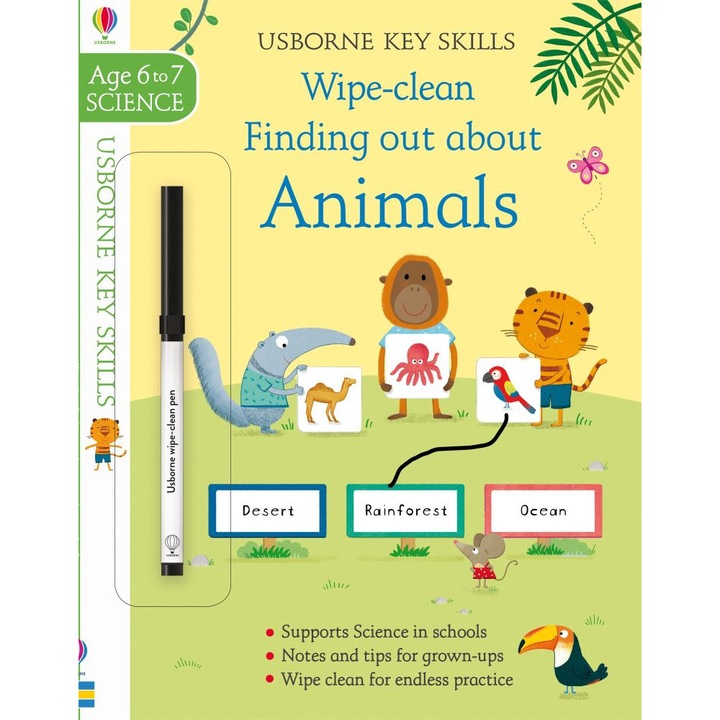 Carte educativa de activitati "Wipe-Clean Finding Out About Animals 6-7", 6 ani+, Usborne