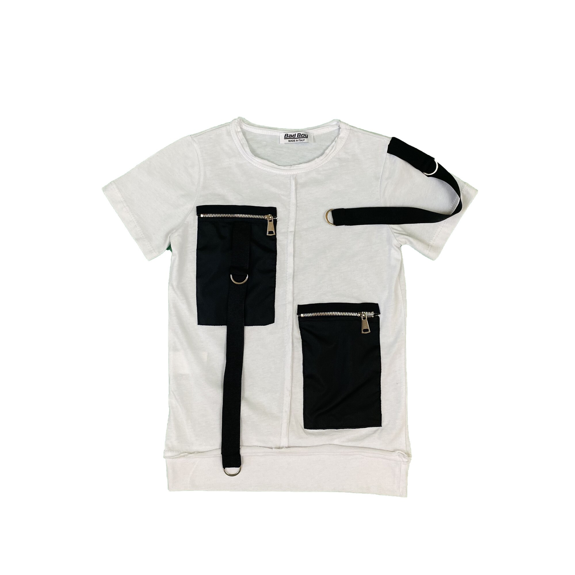 Tricou copii, unisex, Bad Boy, model cu 2 buzunare, Alb/Negru