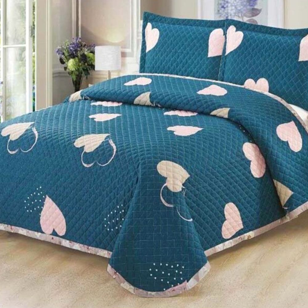 Set Cuvertura de Pat + 2 Fete de Perna, Bumbac Tip Finet, Pink Hearts