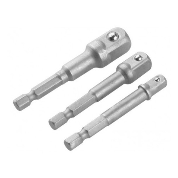 Set 3 adaptoare TOLSEN 1/4"x65 mm, 3/8"x65 mm, 1/2"x70 mm, DIN3123, material 40Cr, finisaj sablat, pentru prelungire si conversie biti