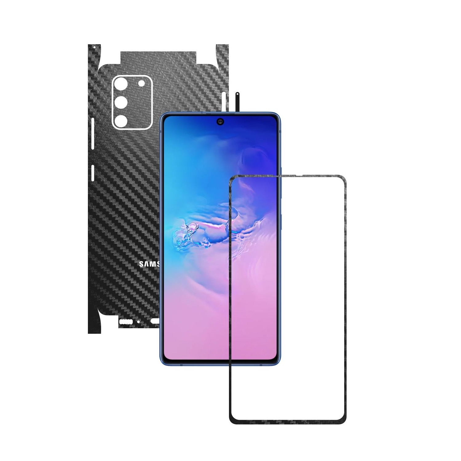 Folie Protectie Carbon Skinz pentru Samsung Galaxy S10 Lite - Carbon Negru 360 Cut, Skin Adeziv Full Body Cover pentru Rama Ecran, Carcasa Spate si Laterale