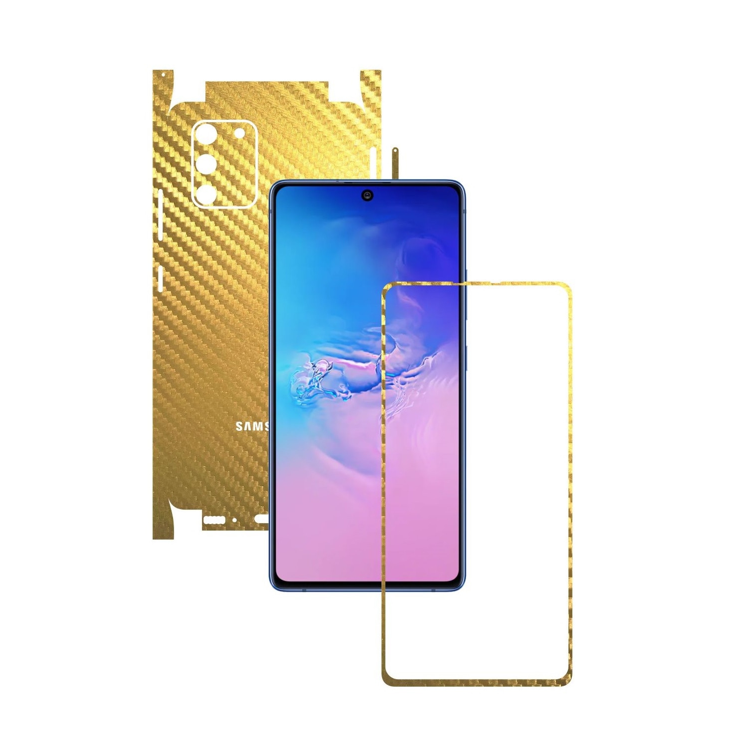 Folie Protectie Carbon Skinz pentru Samsung Galaxy S10 Lite - Carbon Auriu 360 Cut, Skin Adeziv Full Body Cover pentru Rama Ecran, Carcasa Spate si Laterale