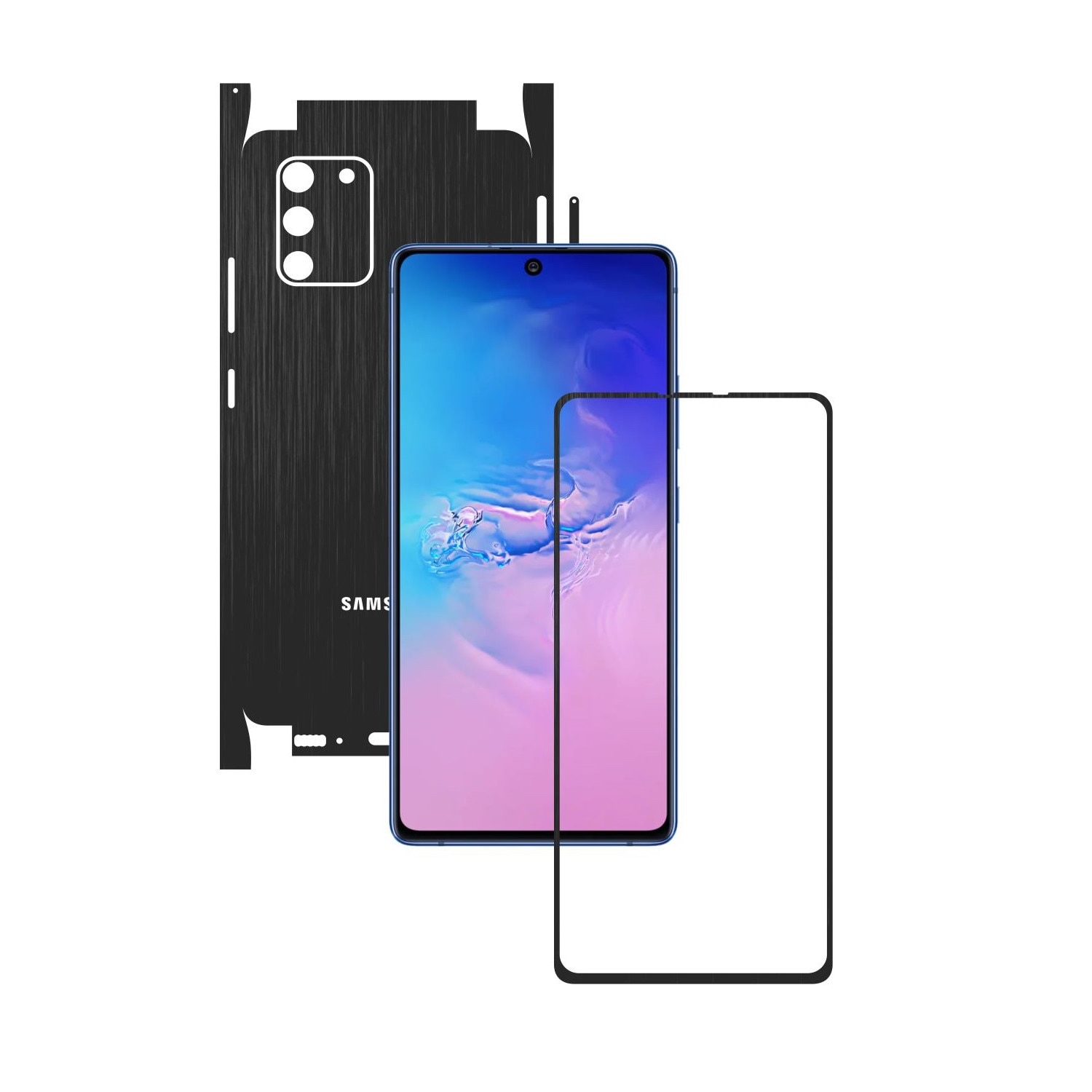 Folie Protectie Carbon Skinz pentru Samsung Galaxy S10 Lite - Brushed Negru 360 Cut, Skin Adeziv Full Body Cover pentru Rama Ecran, Carcasa Spate si Laterale