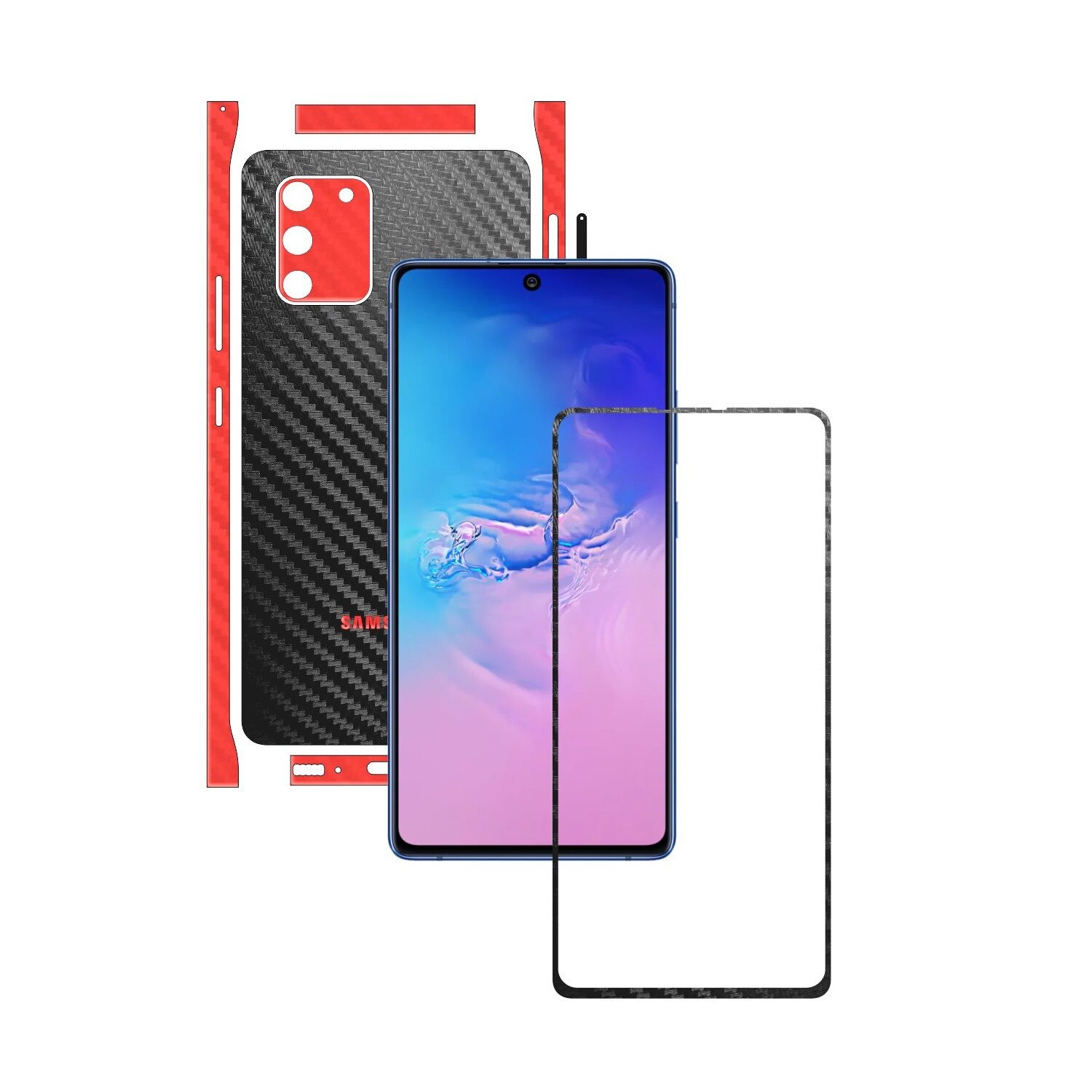 Folie Protectie Carbon Skinz pentru Samsung Galaxy S10 Lite - Carbon Two Tone Negru / Rosu, Skin Adeziv Full Body Cover pentru Rama Ecran, Carcasa Spate si Laterale