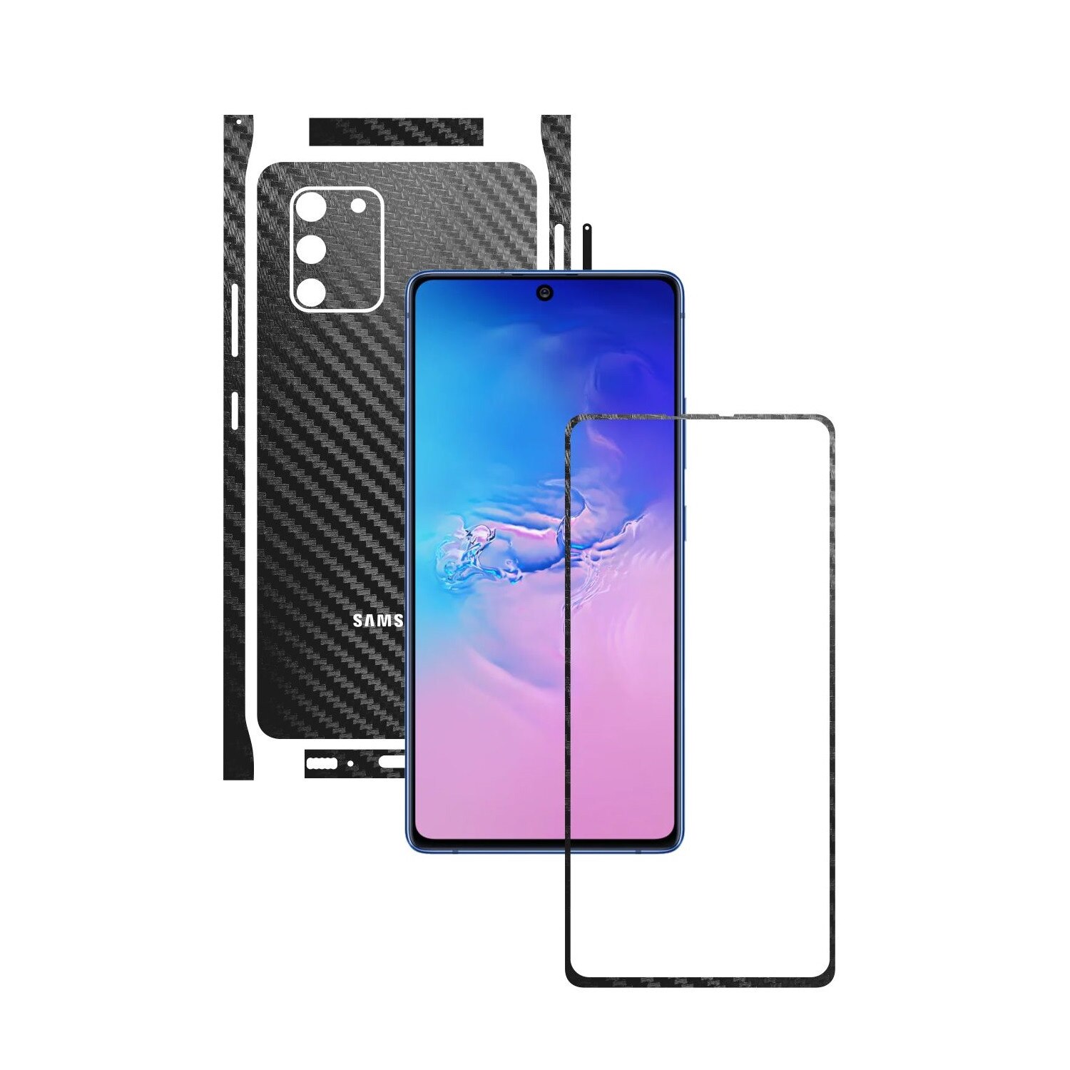 Folie Protectie Carbon Skinz pentru Samsung Galaxy S10 Lite - Carbon Negru Split Cut, Skin Adeziv Full Body Cover pentru Rama Ecran, Carcasa Spate si Laterale