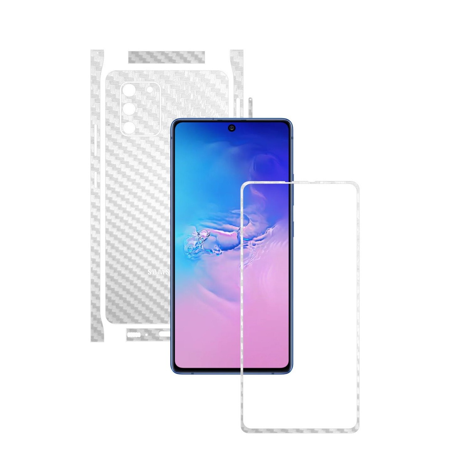 Folie Protectie Carbon Skinz pentru Samsung Galaxy S10 Lite - Carbon Alb Split Cut, Skin Adeziv Full Body Cover pentru Rama Ecran, Carcasa Spate si Laterale