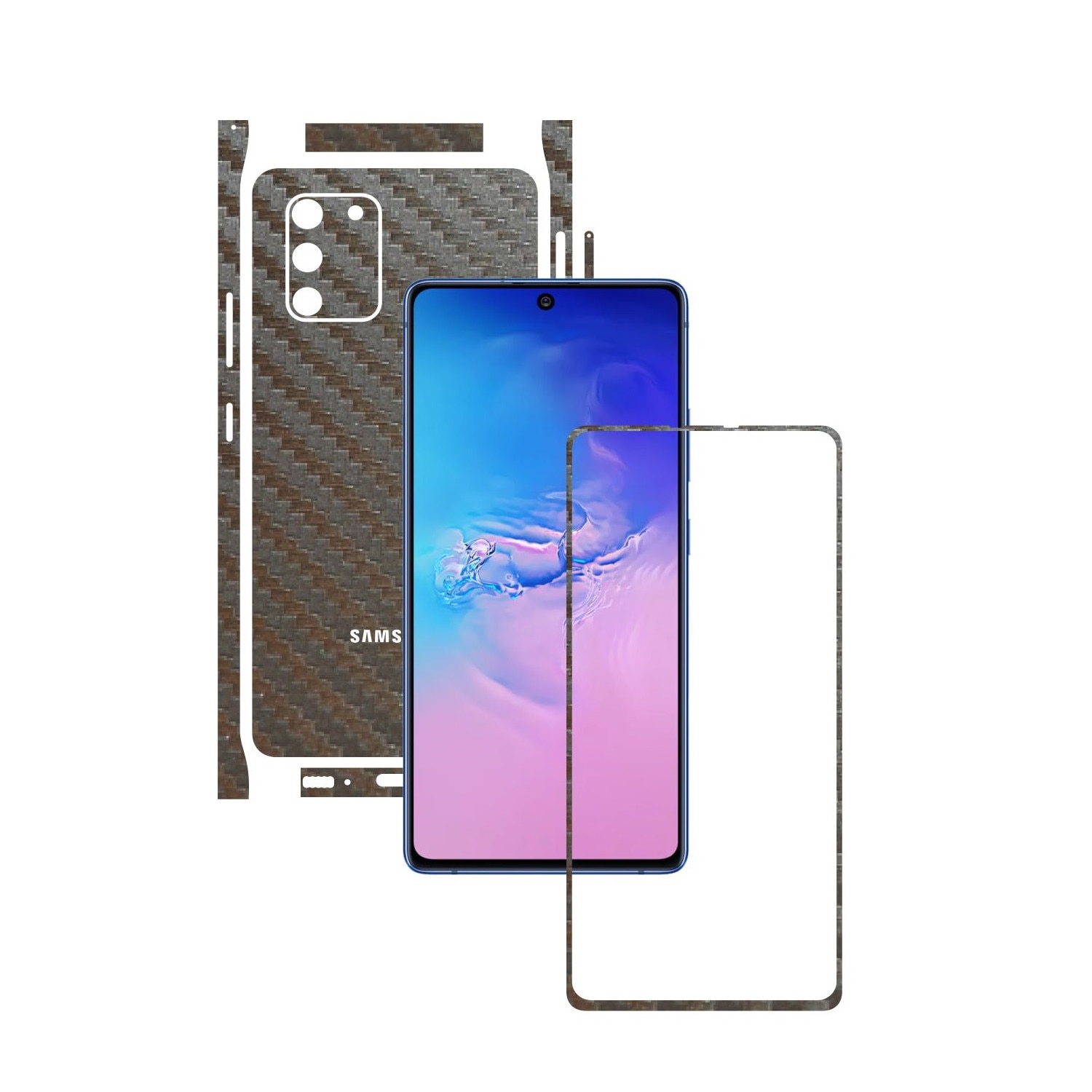 Folie Protectie Carbon Skinz pentru Samsung Galaxy S10 Lite - Carbon Gri Argintiu Split Cut, Skin Adeziv Full Body Cover pentru Rama Ecran, Carcasa Spate si Laterale