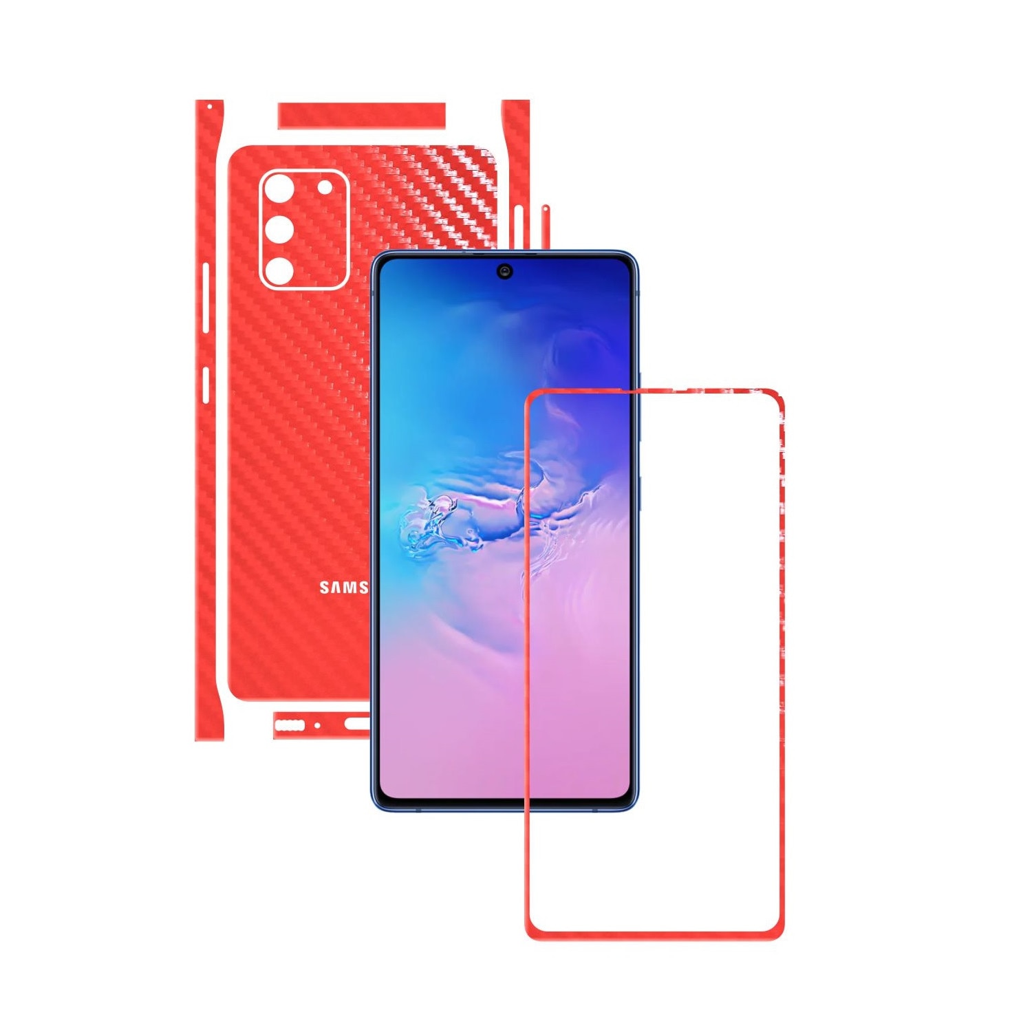 Folie Protectie Carbon Skinz pentru Samsung Galaxy S10 Lite - Carbon Rosu Split Cut, Skin Adeziv Full Body Cover pentru Rama Ecran, Carcasa Spate si Laterale