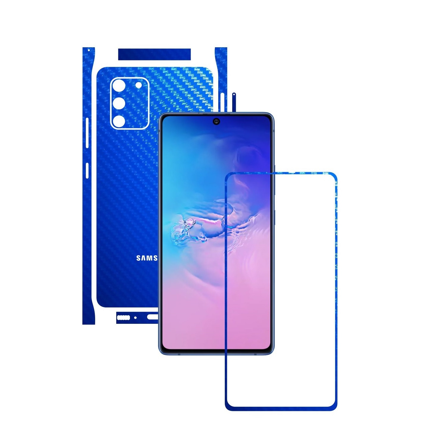 Folie Protectie Carbon Skinz pentru Samsung Galaxy S10 Lite - Carbon Albastru Split Cut, Skin Adeziv Full Body Cover pentru Rama Ecran, Carcasa Spate si Laterale