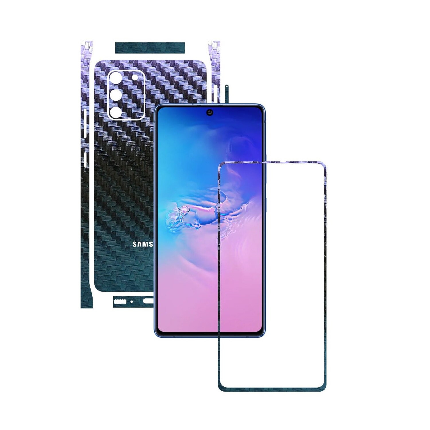 Folie Protectie Carbon Skinz pentru Samsung Galaxy S10 Lite - Carbon Cameleon Split Cut, Skin Adeziv Full Body Cover pentru Rama Ecran, Carcasa Spate si Laterale