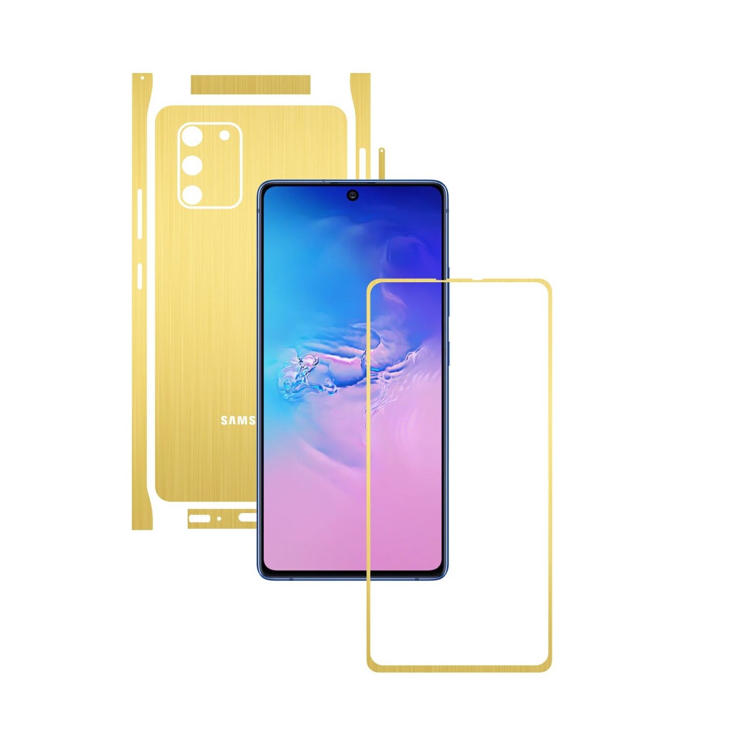 Folie Protectie Carbon Skinz pentru Samsung Galaxy S10 Lite - Brushed Auriu Split Cut, Skin Adeziv Full Body Cover pentru Rama Ecran, Carcasa Spate si Laterale