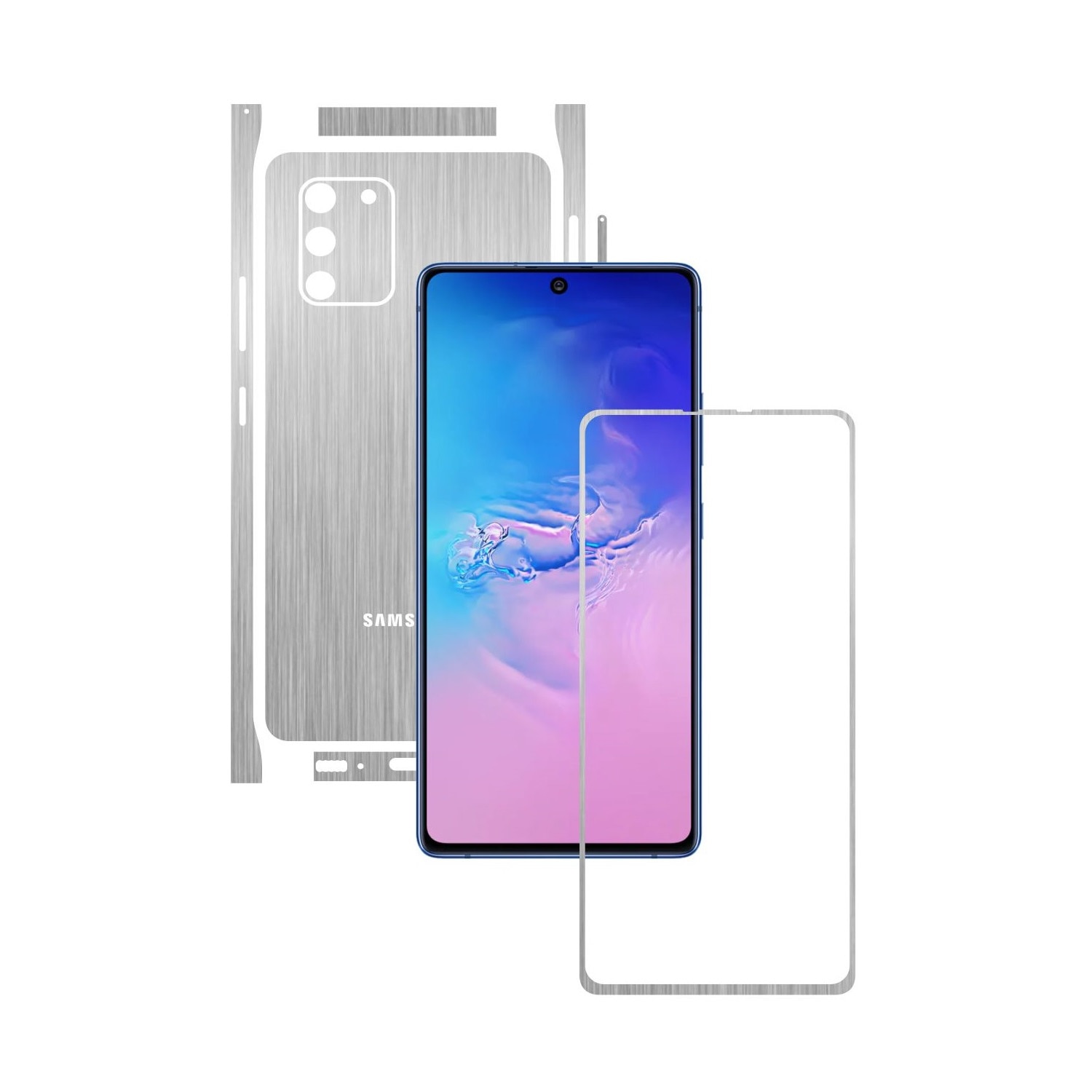 Folie Protectie Carbon Skinz pentru Samsung Galaxy S10 Lite - Brushed Argintiu Split Cut, Skin Adeziv Full Body Cover pentru Rama Ecran, Carcasa Spate si Laterale